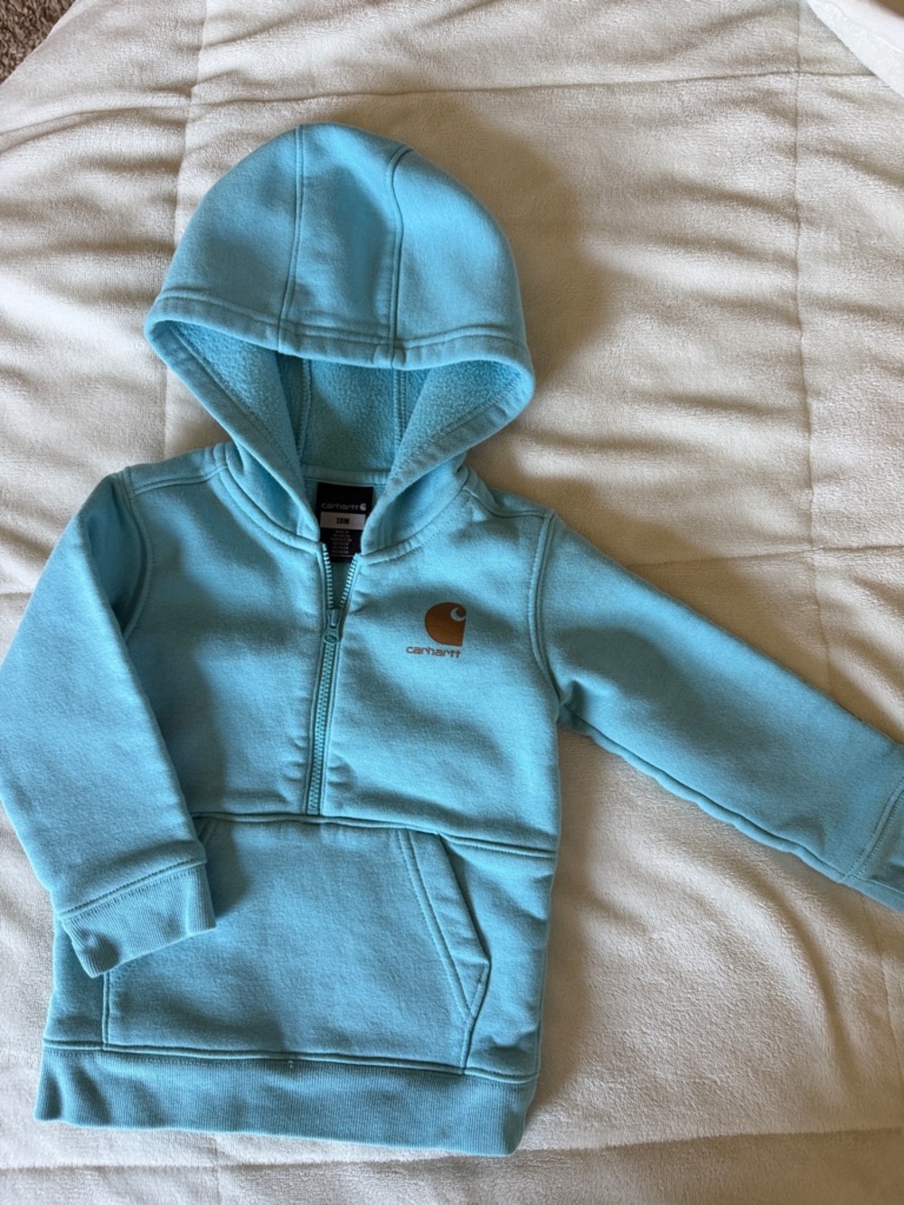 Carhartt Kids Half-Zip Hoodie in Light Blue with Brown Logo